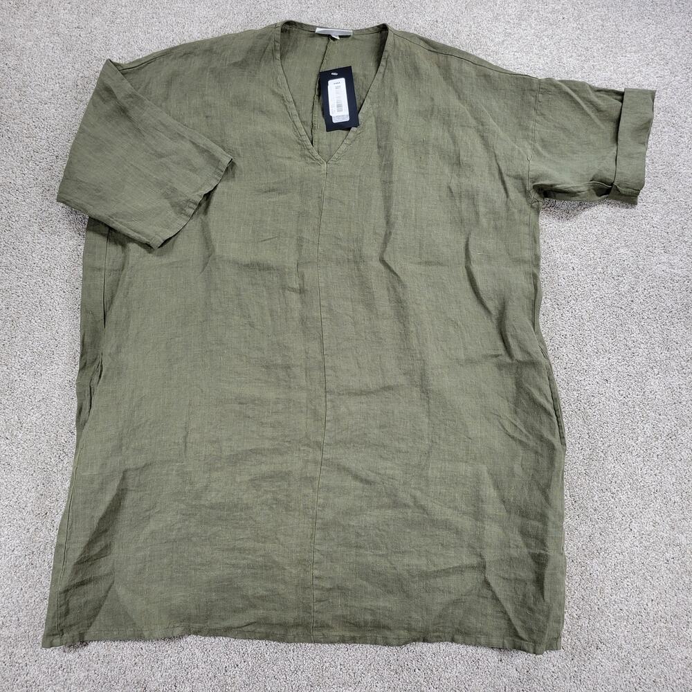 Bryn Walker Womens Bingley Tunic Dress Medium Olive Linen V-neck 3/4 Sleeve NEW